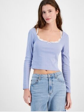 Sugar Moon Juniors' Layered-Look Pointelle Knit Top - Light Blue SIZE XL NWT